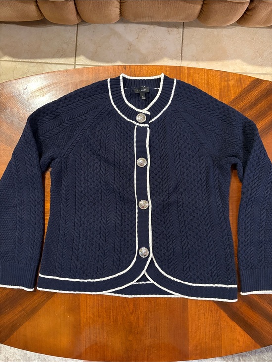 Talbots Sweaters - Talbots Women’s Navy Cable Knit Cutaway Cardigan with White Trim